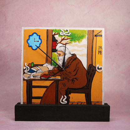 Wooden Wall & Table Clock Hand Painted Rabindranath Tagore with Wall Mount & Table Stand