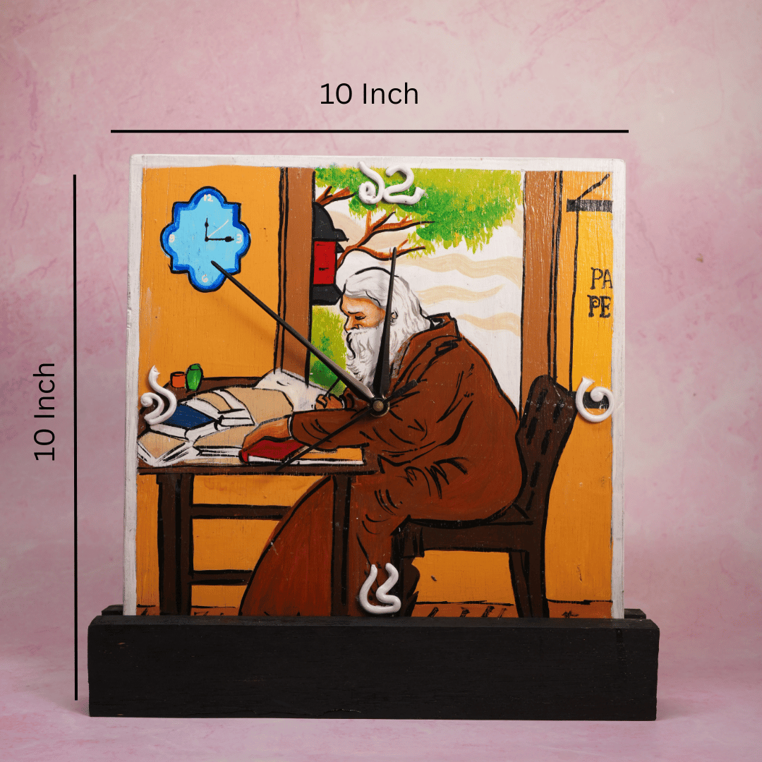 Wooden Wall & Table Clock Hand Painted Rabindranath Tagore with Wall Mount & Table Stand
