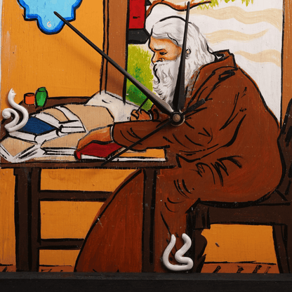 Wooden Wall & Table Clock Hand Painted Rabindranath Tagore with Wall Mount & Table Stand