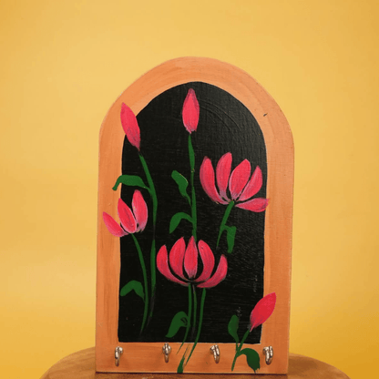 Wooden Key Holder Hand painted Lotus Art with 4 Key Hooks