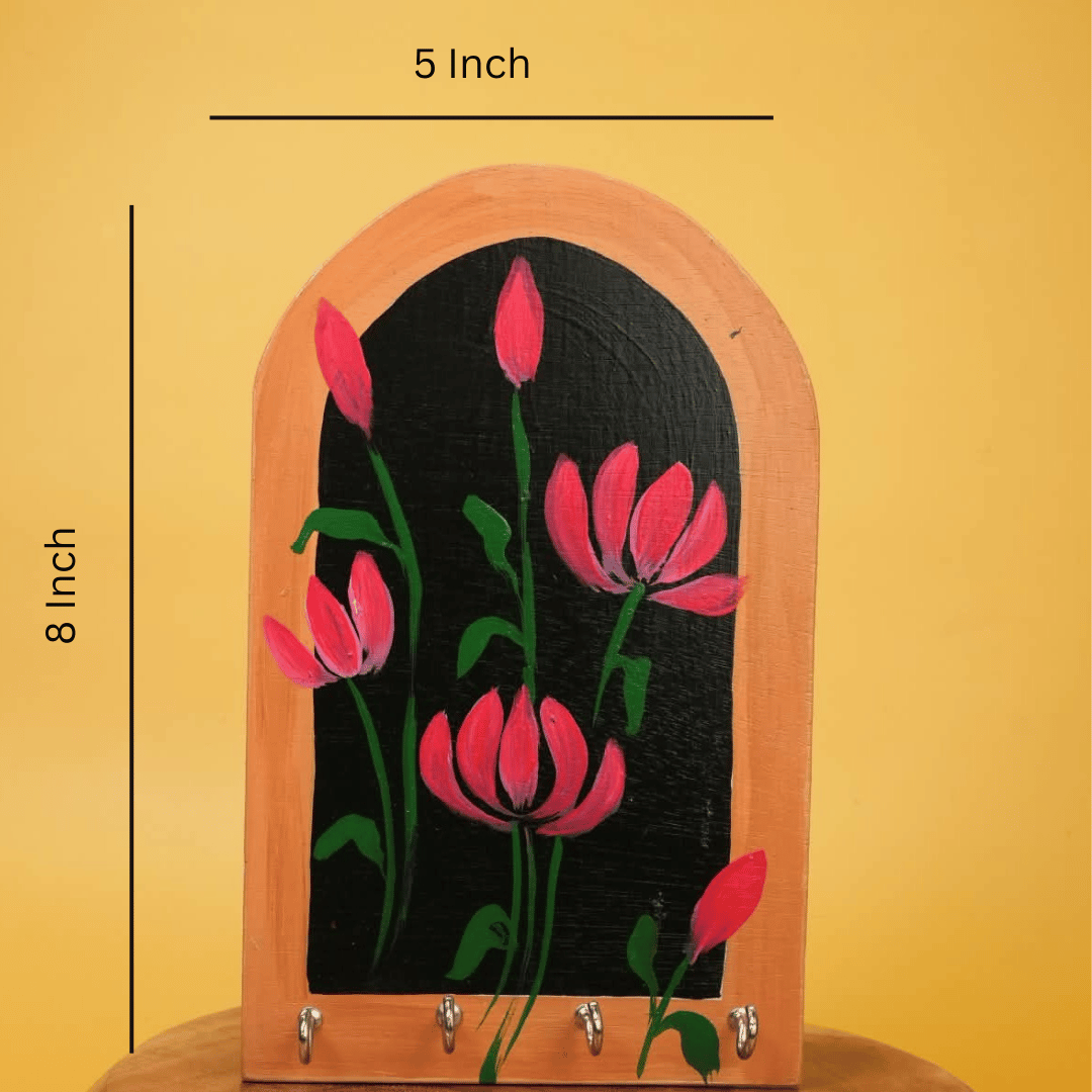 Wooden Key Holder Hand painted Lotus Art with 4 Key Hooks