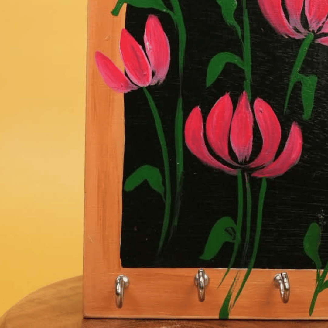 Wooden Key Holder Hand painted Lotus Art with 4 Key Hooks