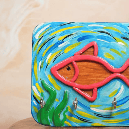 3D Wooden Key Holder Handcrafted Fish with 4 Key Hooks