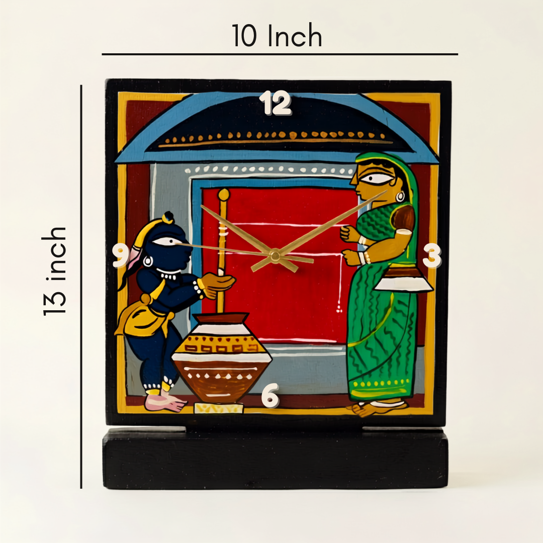Table Clock Wooden Hand Painted Jamini Roy Art