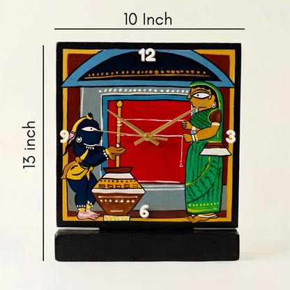 Table Clock Wooden Hand Painted Jamini Roy Art