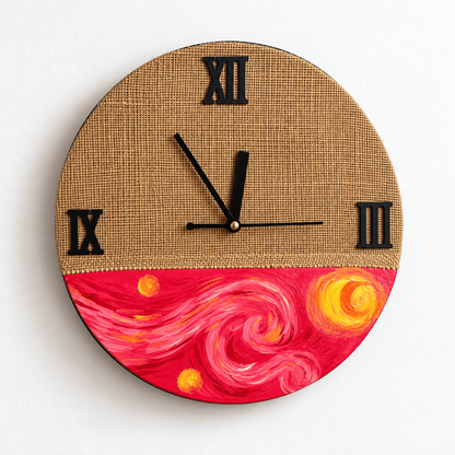 Handcrafted Wooden Wall Clock with Hand-Stitched Jute & Van Gogh Starry Night