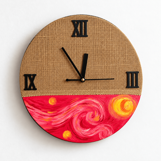 Handcrafted Wooden Wall Clock with Hand-Stitched Jute & Van Gogh Starry Night