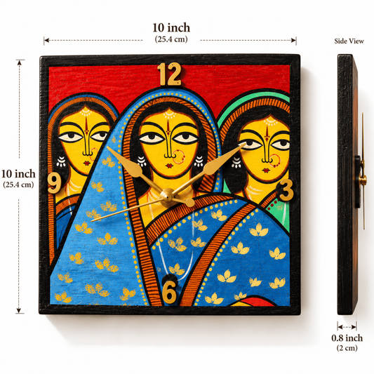 Handcrafted Wooden Wall Clock Inspired by Jamini Roy