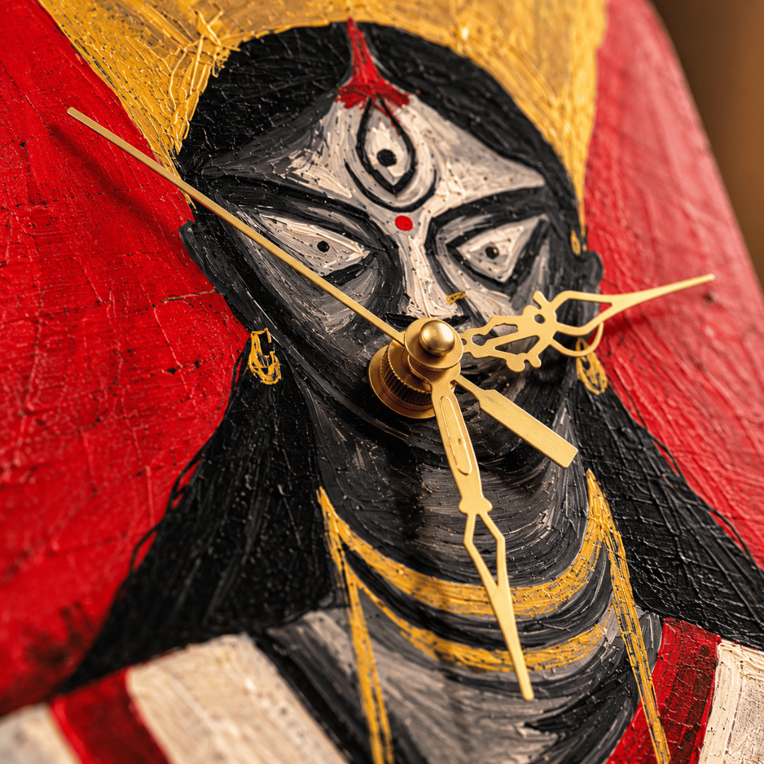 Wooden Wall + Desk Clock Handpainted Vintage Durga