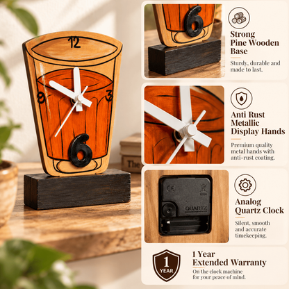 Handcrafted Wooden Table Clock Chai Cup Home Decor