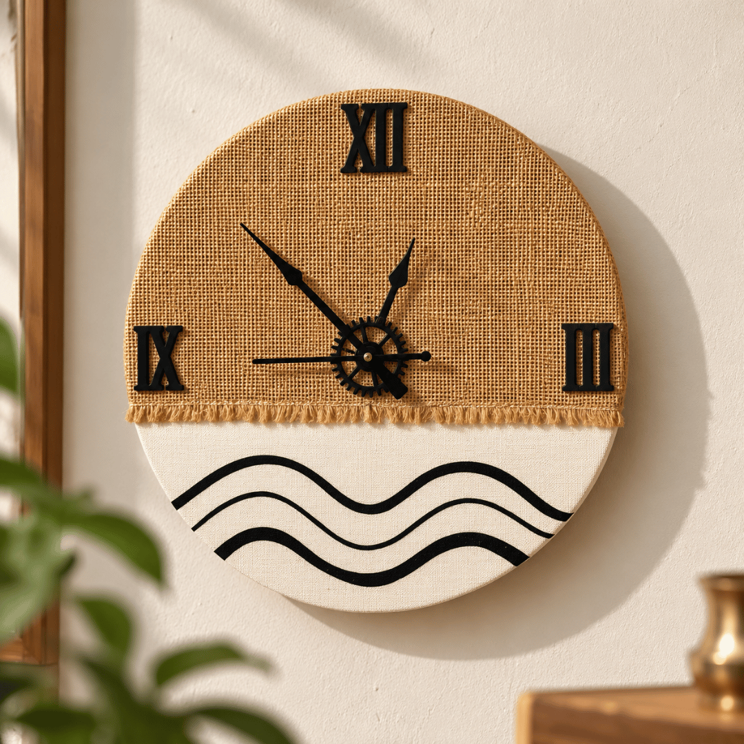 Wooden Wall Clock Analog Handcrafted Jute Texture