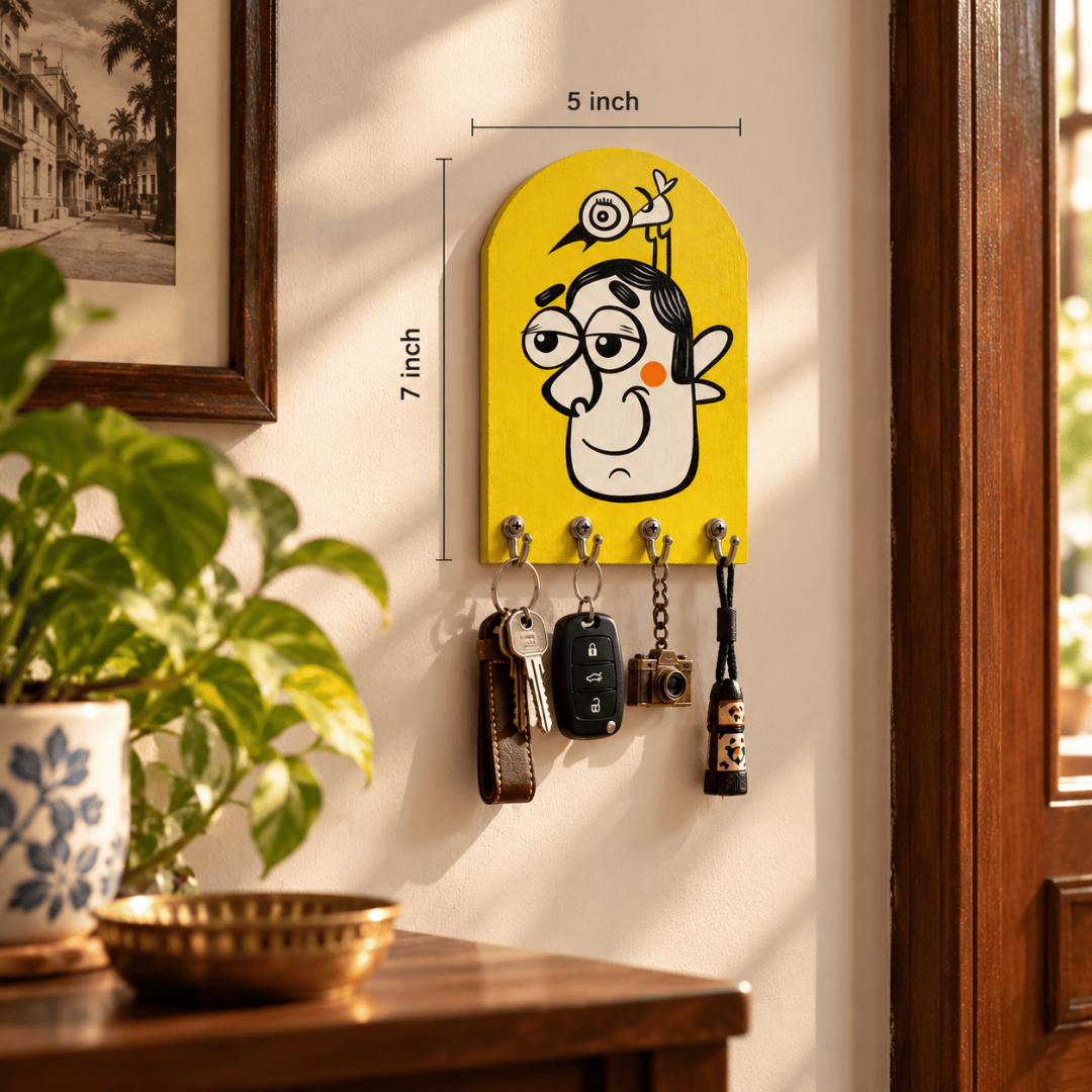 Handpainted Wooden Key Holder with 4 Hooks | Quirky Yellow Wall Decor