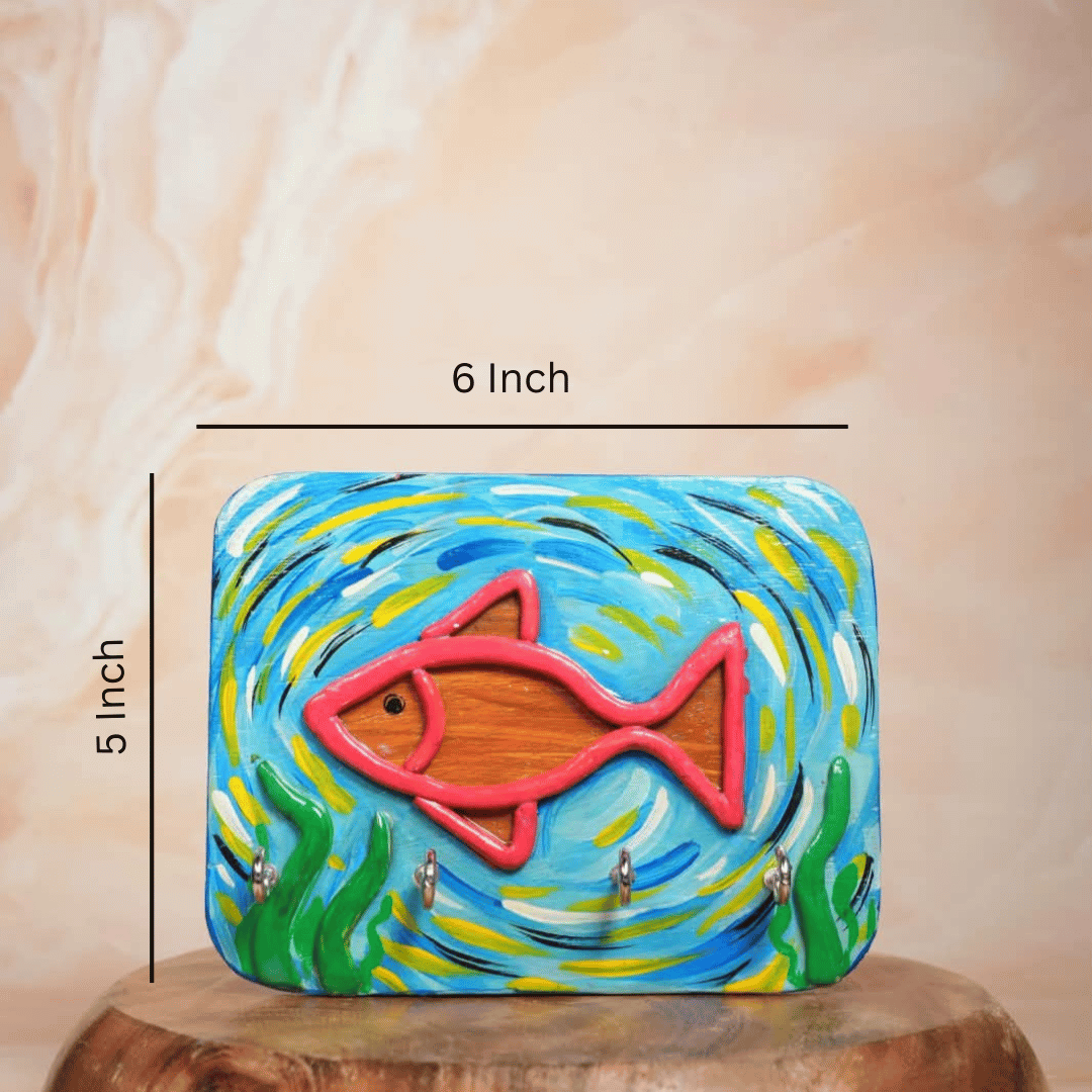 3D Wooden Key Holder Handcrafted Fish with 4 Key Hooks