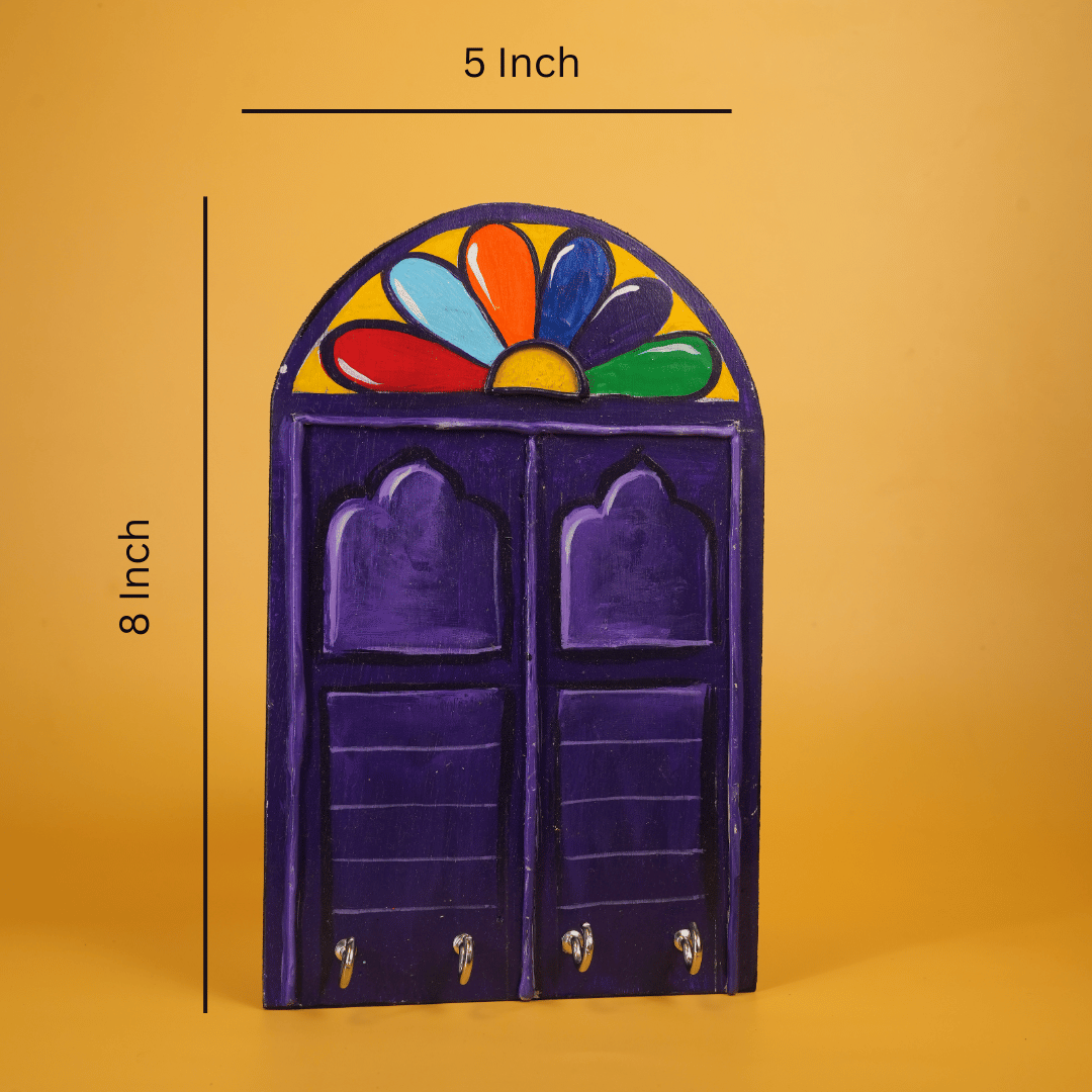 Hand Painted Wooden Key Holder Bonedi Barir Janla Purple with 4 Key Hooks