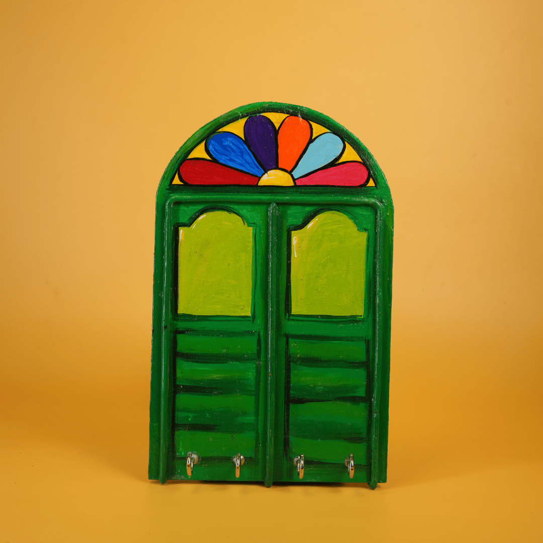 Handcrafted Wooden Key Holder Bonedi Barir Janla Green with 4 Key Hooks