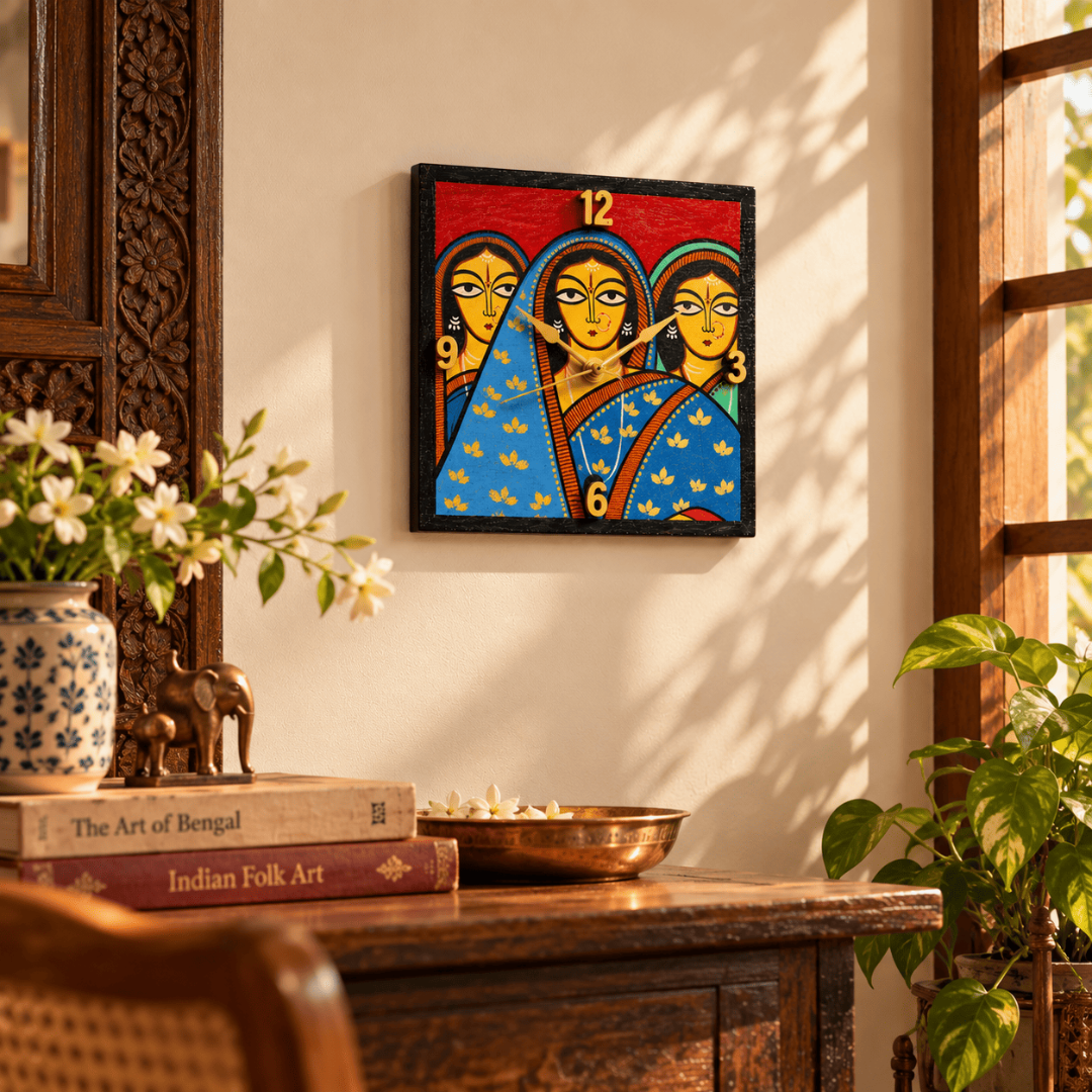 Handcrafted Wooden Wall Clock Inspired by Jamini Roy