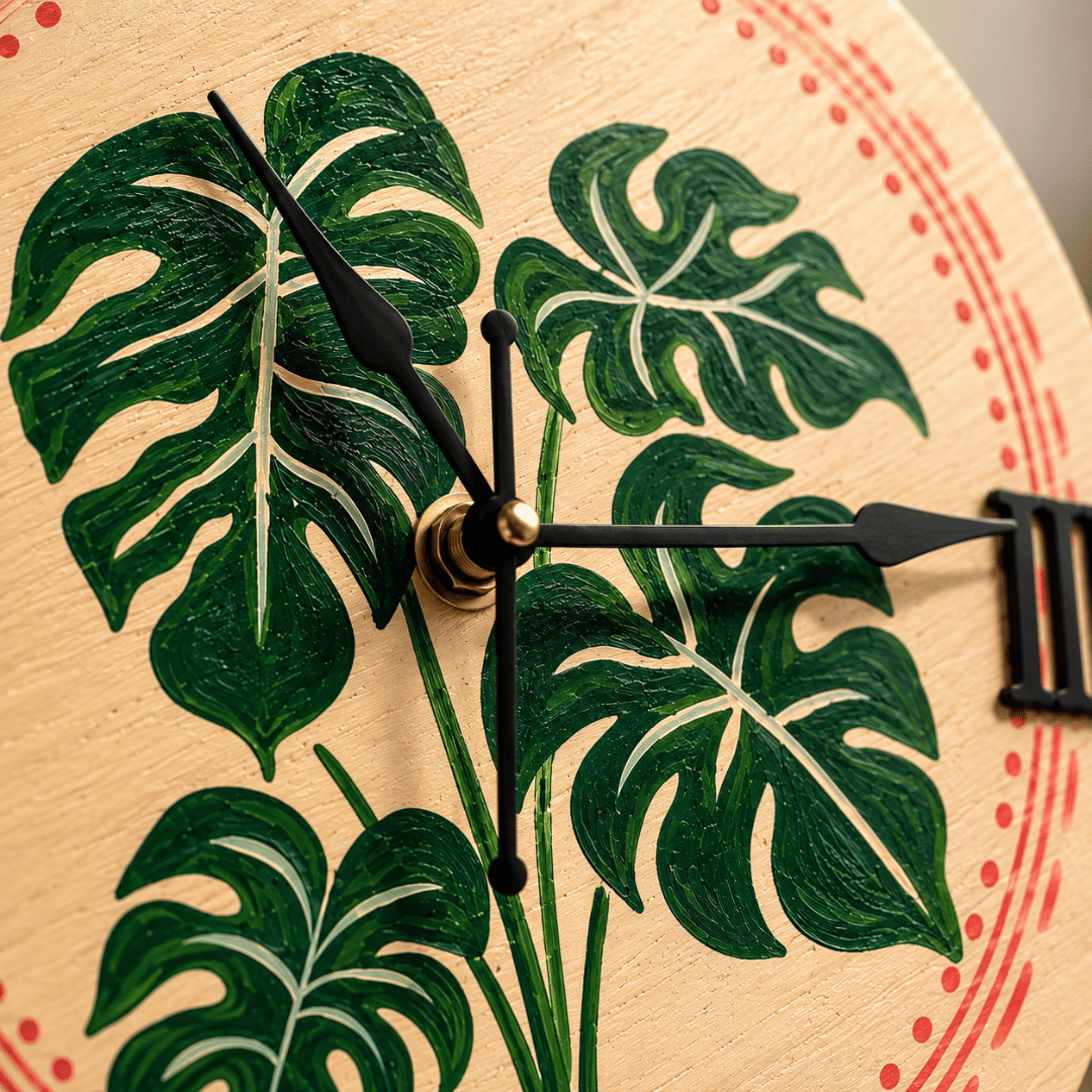 Wooden Wall Clock Hand painted Kantha Style Embroidery
