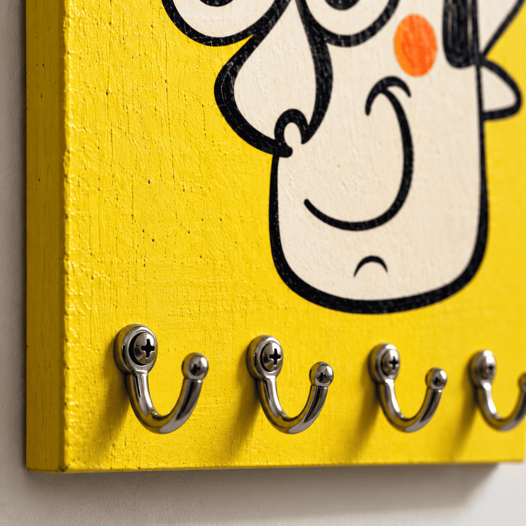 Handpainted Wooden Key Holder with 4 Hooks | Quirky Yellow Wall Decor