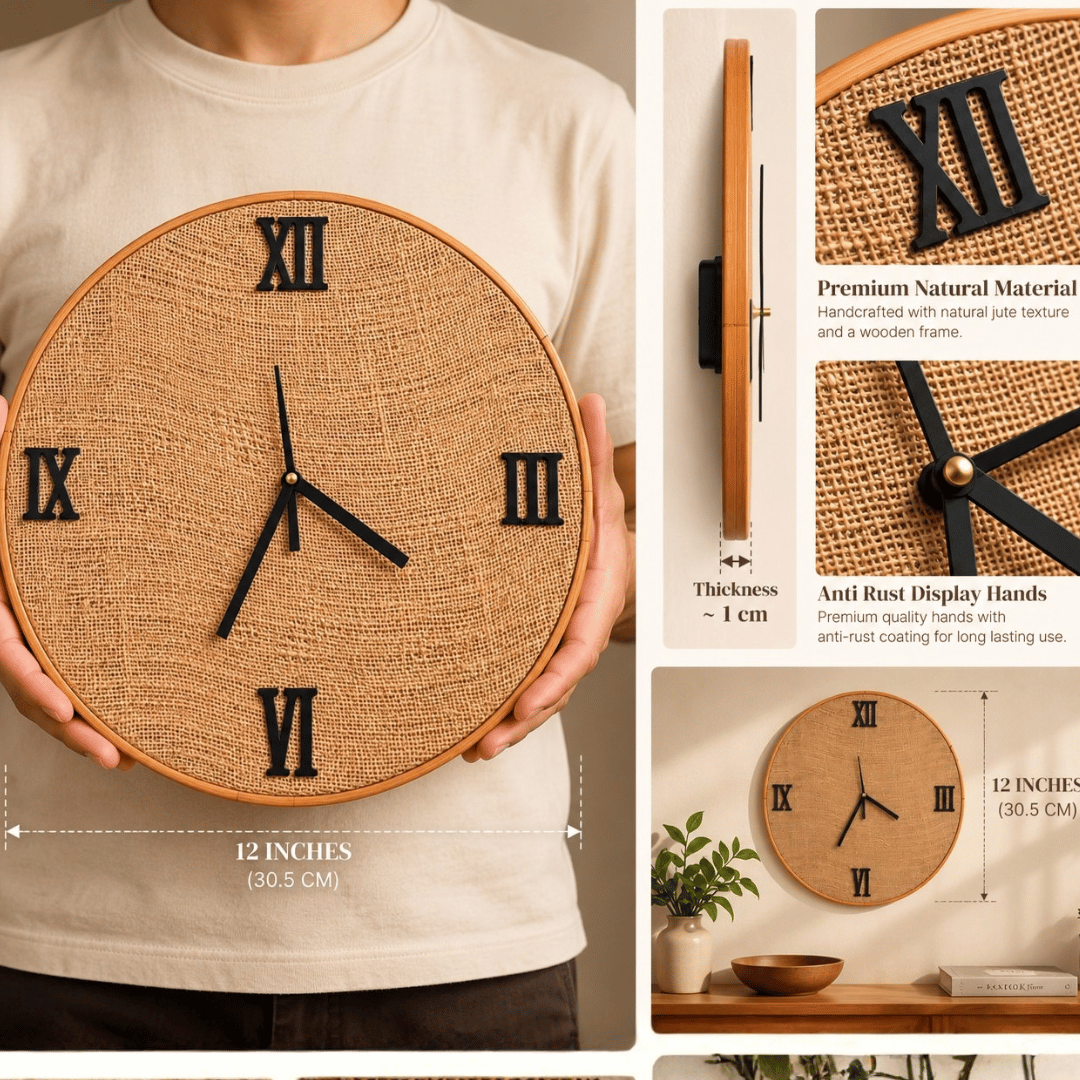 Handcrafted Wooden Clock Roman theme Jute Textured