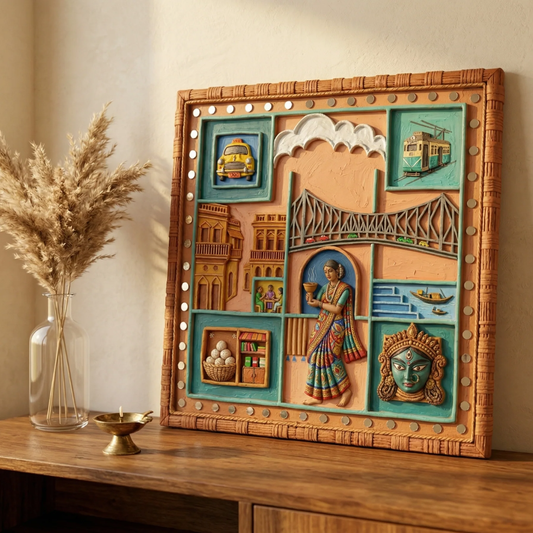 Handcrafted Bengal Folk Art 3D Clay Wooden Frame Wall Hanging