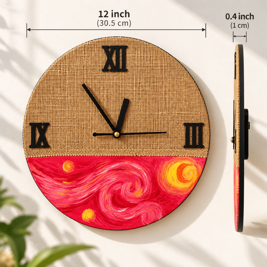 Handcrafted Wooden Wall Clock with Hand-Stitched Jute & Van Gogh Starry Night