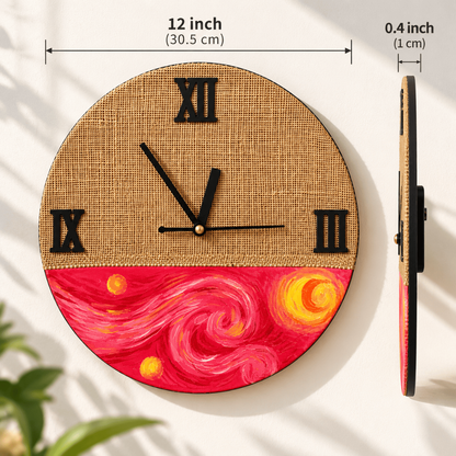 Handcrafted Wooden Wall Clock with Hand-Stitched Jute & Van Gogh Starry Night