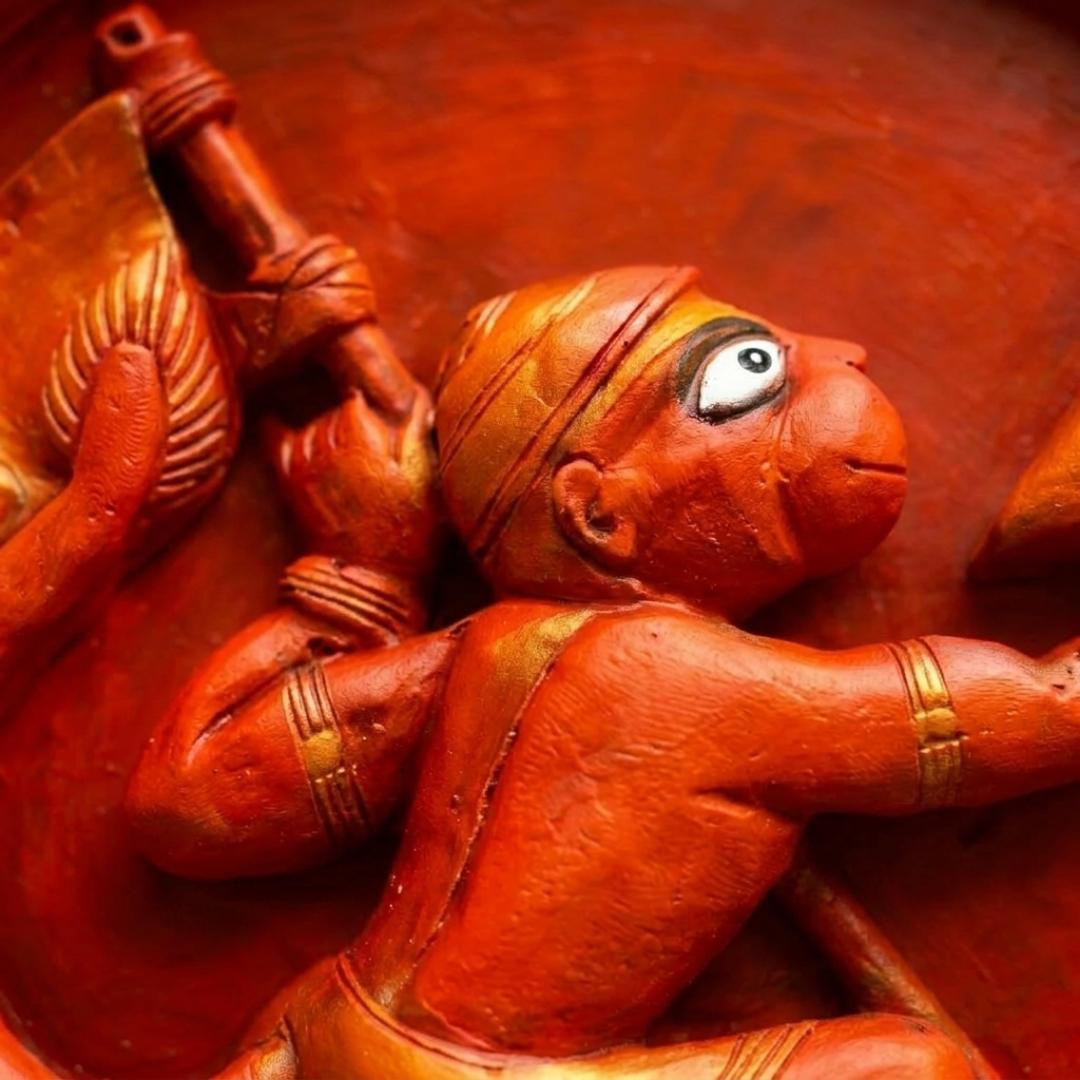 Bajrang Bali Folk Art Wall Plaque – Handcrafted Wooden Devotional Decor for Pooja Room