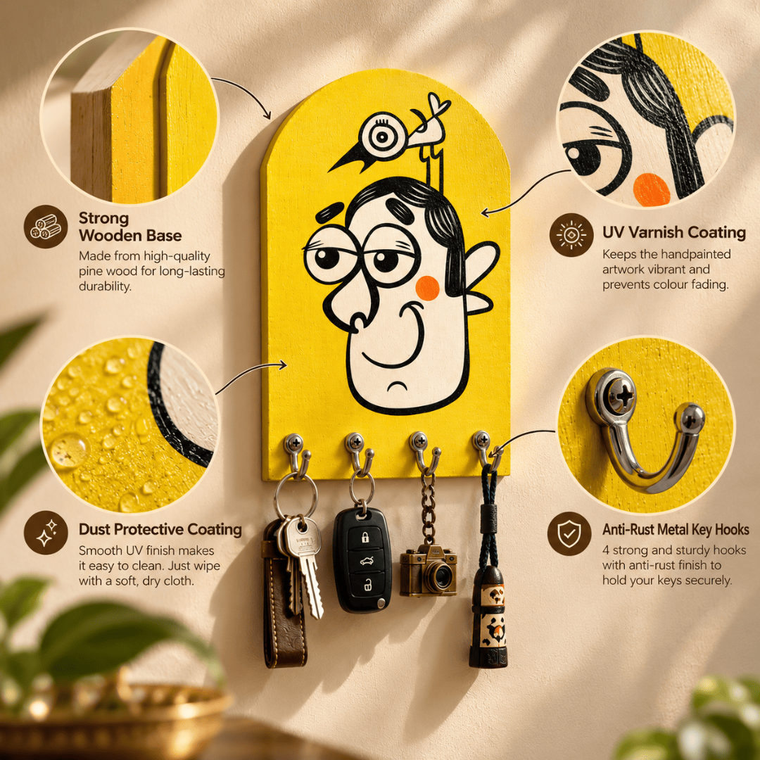 Handpainted Wooden Key Holder with 4 Hooks | Quirky Yellow Wall Decor