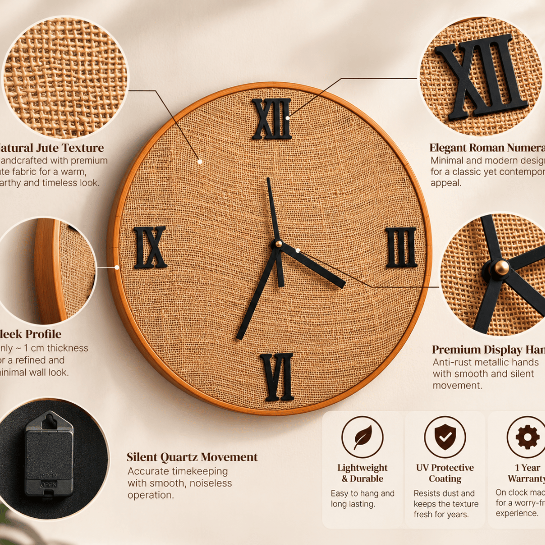 Handcrafted Wooden Clock Roman theme Jute Textured