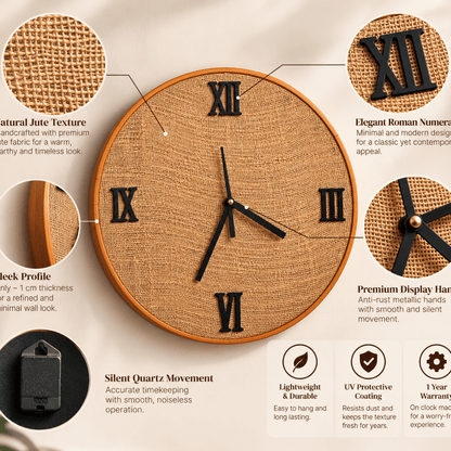 Handcrafted Wooden Clock Roman theme Jute Textured