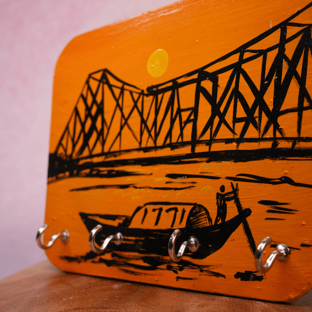 Wooden Key Holder Hand Painted Howrah Bridge with 4 Key Hooks