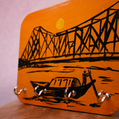 Wooden Key Holder Hand Painted Howrah Bridge with 4 Key Hooks