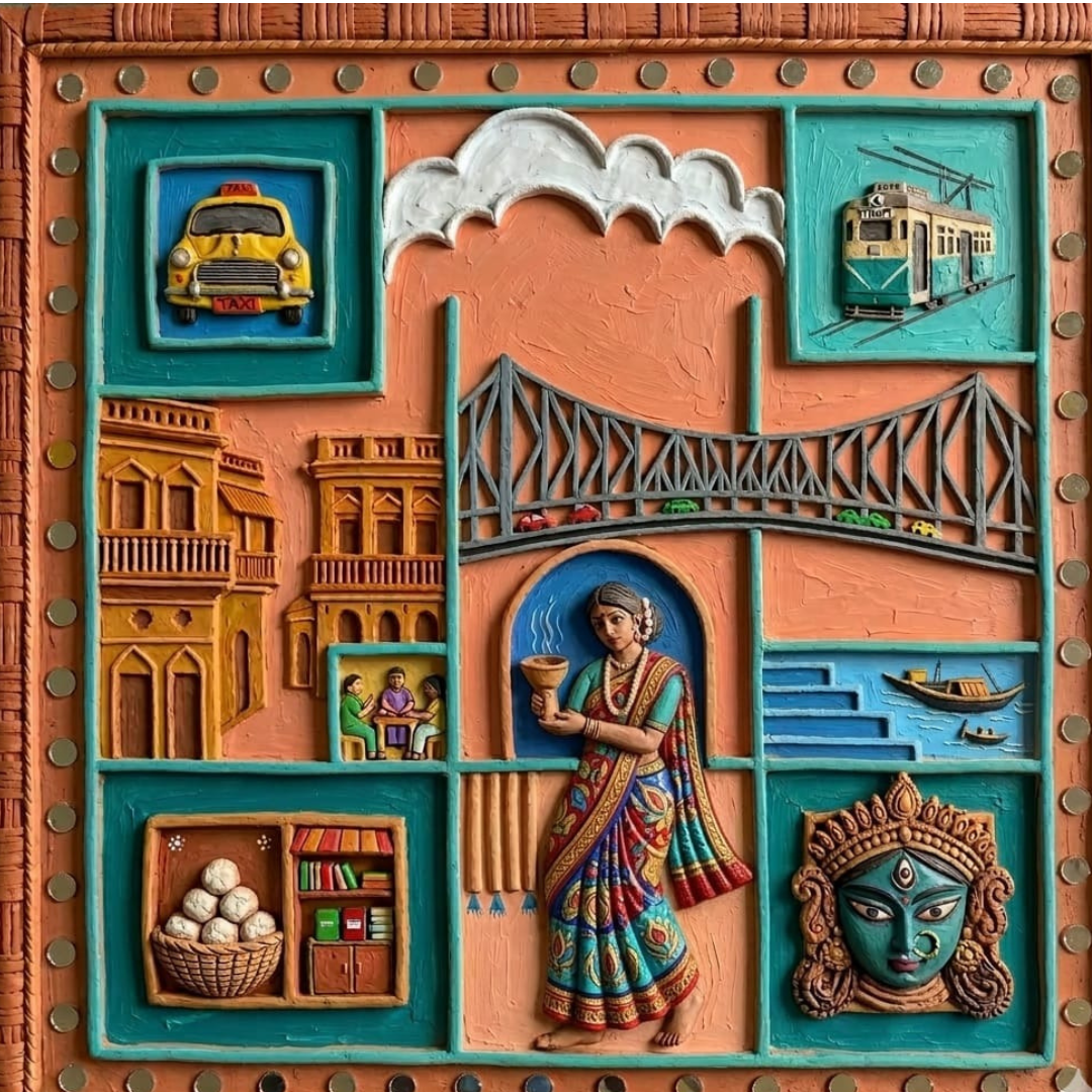 Handcrafted Bengal Folk Art 3D Clay Wooden Frame Wall Hanging