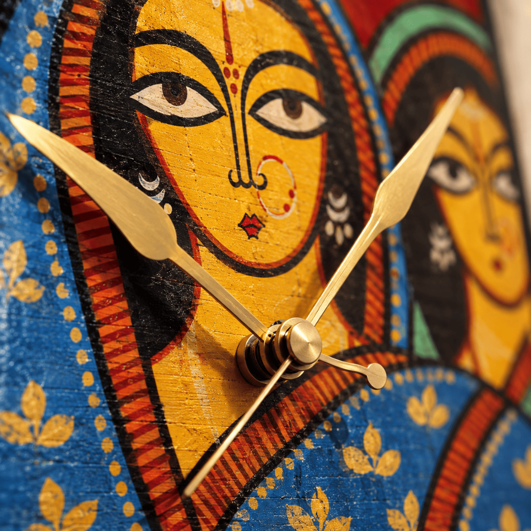 Handcrafted Wooden Wall Clock Inspired by Jamini Roy