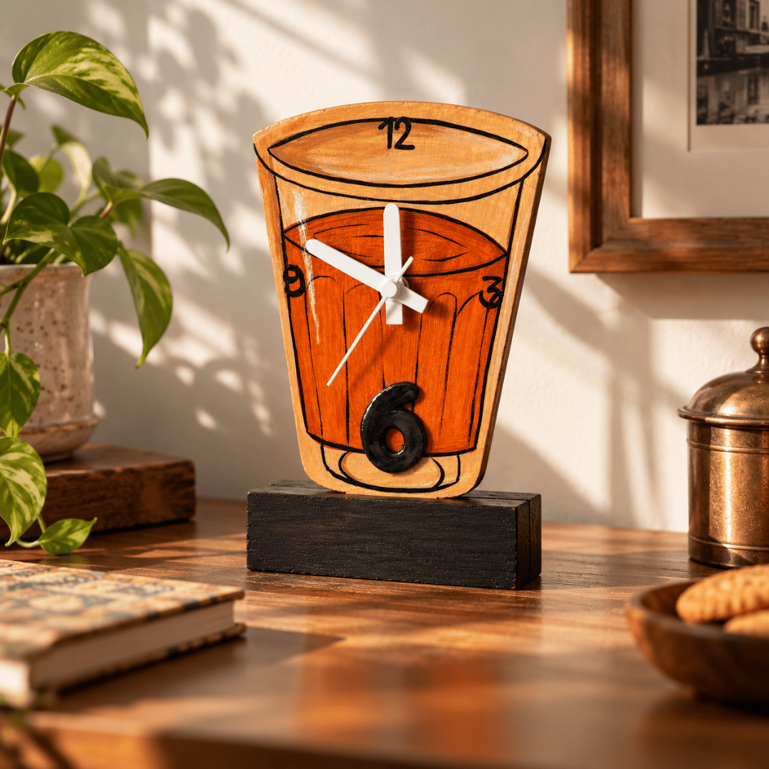 Handcrafted Wooden Table Clock Chai Cup Home Decor