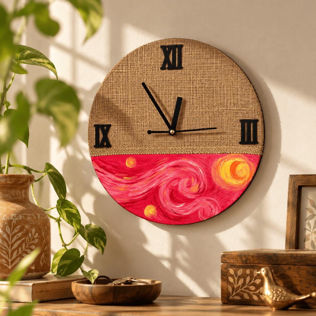 Handcrafted Wooden Wall Clock with Hand-Stitched Jute & Van Gogh Starry Night