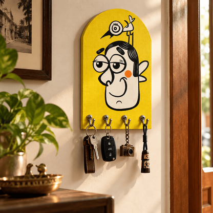 Handpainted Wooden Key Holder with 4 Hooks | Quirky Yellow Wall Decor