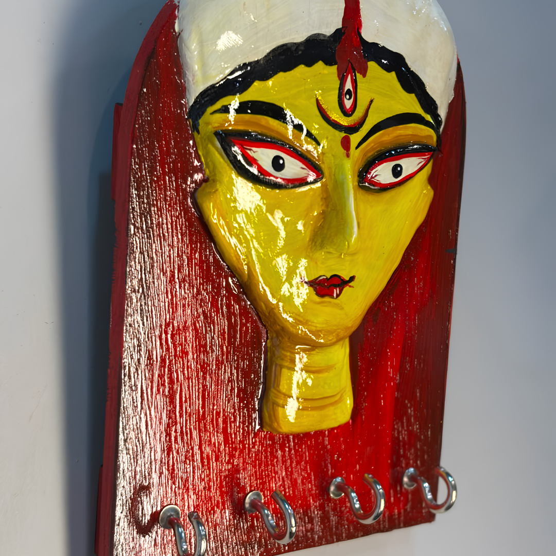 Handmade Maa Durga 3D Clay Wooden Key Holder
