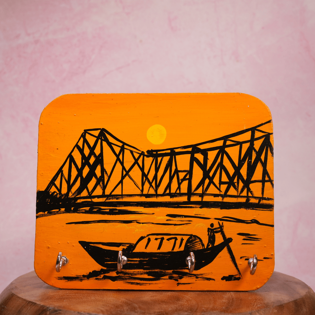 Wooden Key Holder Hand Painted Howrah Bridge with 4 Key Hooks