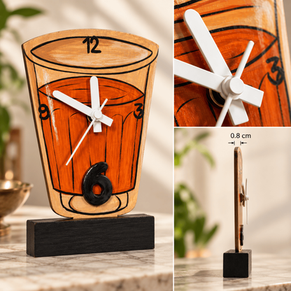 Handcrafted Wooden Table Clock Chai Cup Home Decor
