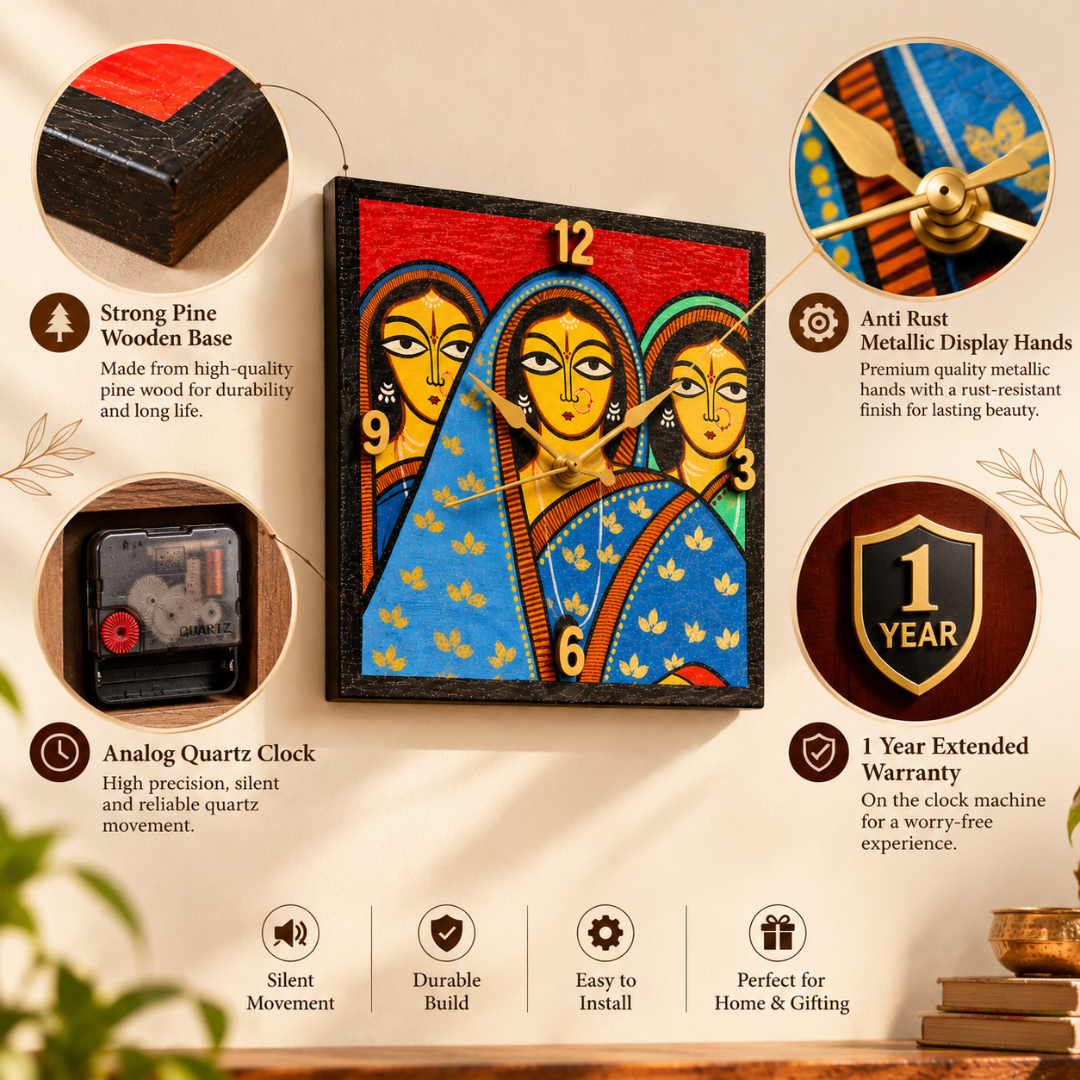 Handcrafted Wooden Wall Clock Inspired by Jamini Roy
