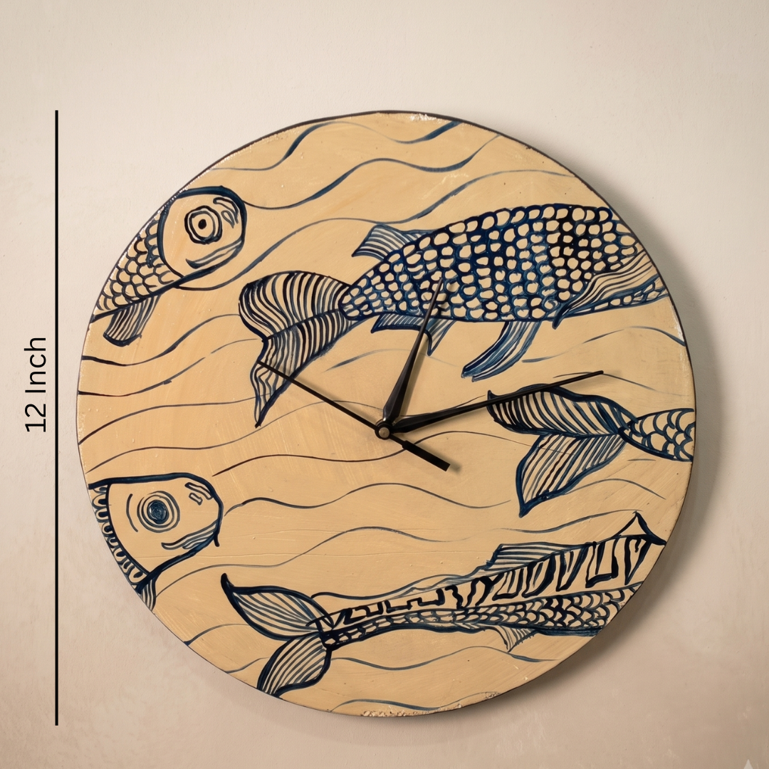 Wooden Wall Clock Fish Painting Wall Decor