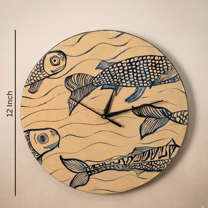 Wooden Wall Clock Fish Painting Wall Decor