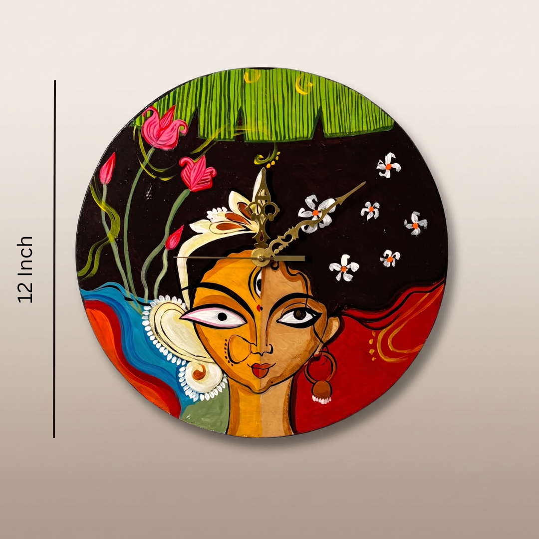 Wooden Wall Clock Maa Durga Painting Wall Mount Hanging Wall Decor