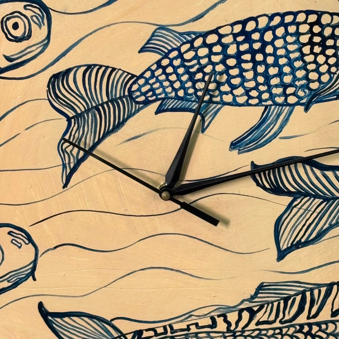Wooden Wall Clock Fish Painting Wall Decor
