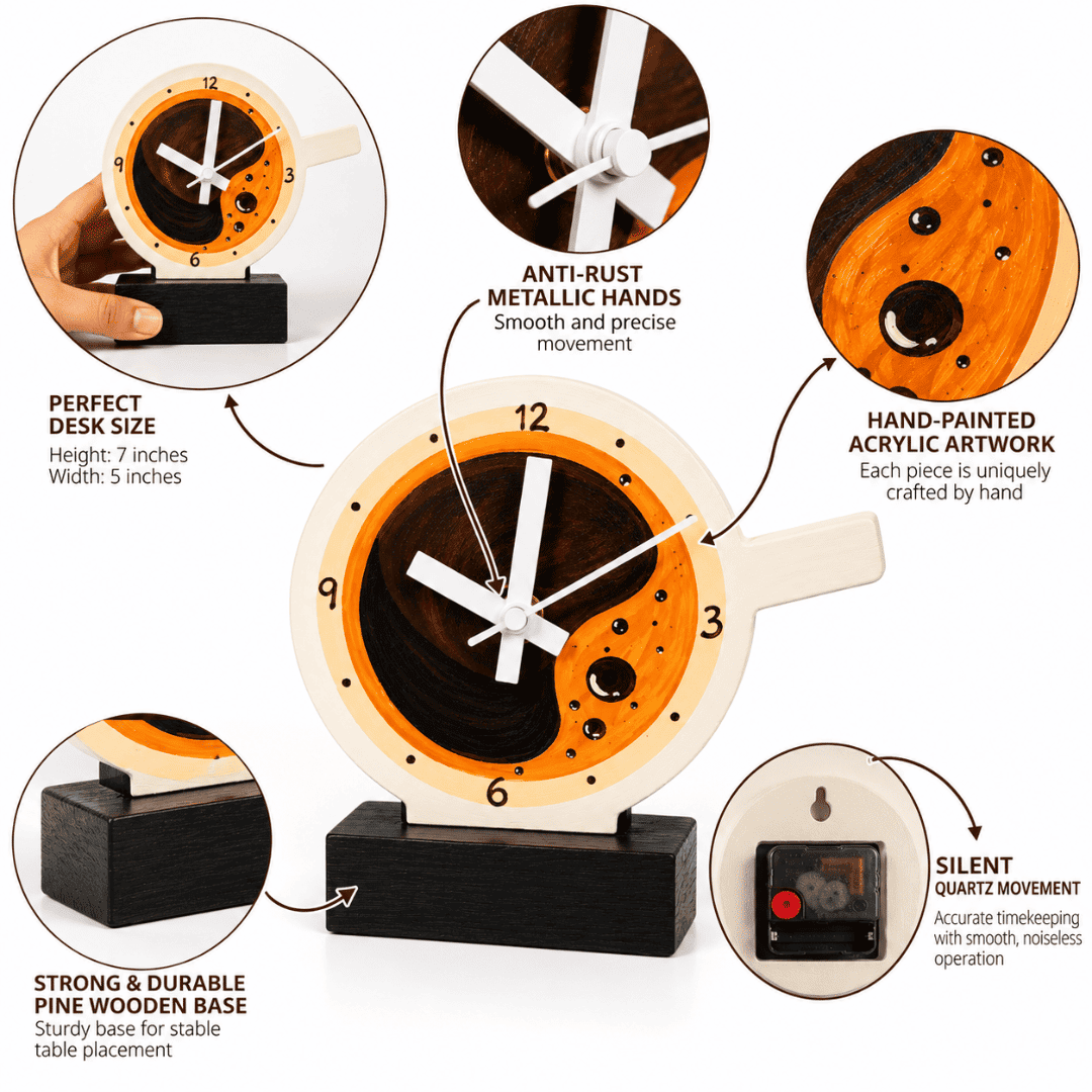 Handcrafted Wooden Desk Clock Coffee Cup Themed