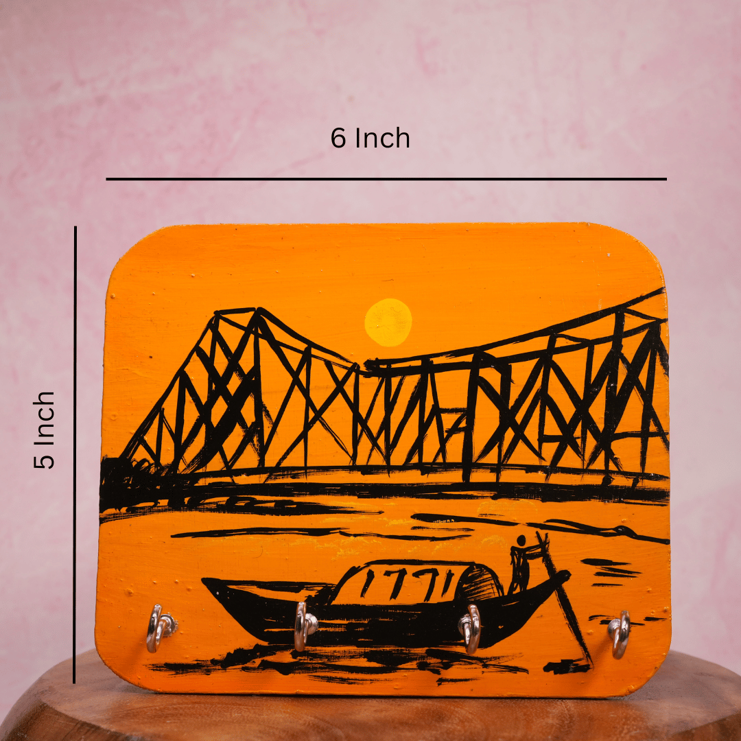 Wooden Key Holder Hand Painted Howrah Bridge with 4 Key Hooks