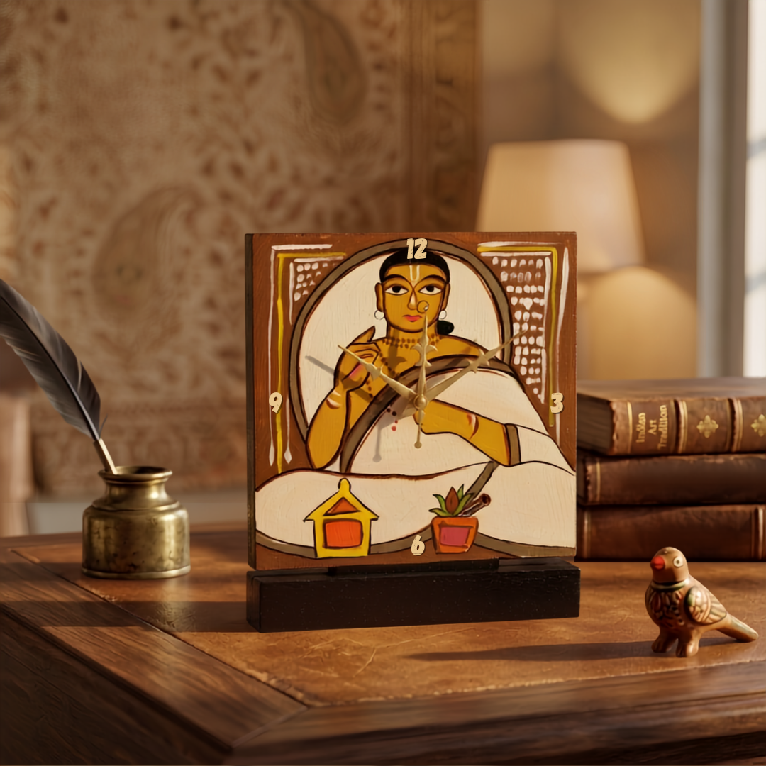 Hand Painted Wooden Table Clock - Jamini Roy Painting