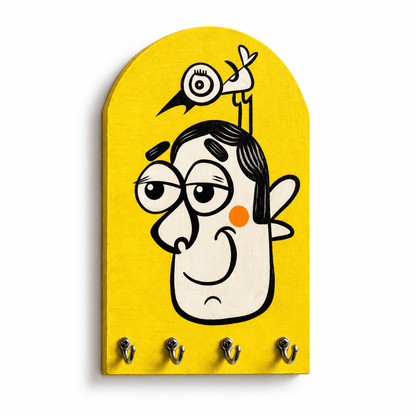 Handpainted Wooden Key Holder with 4 Hooks | Quirky Yellow Wall Decor