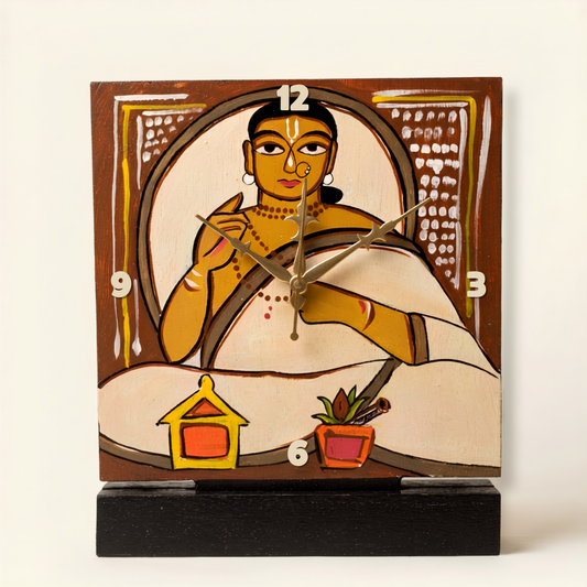 Handmade square wooden table clock featuring a Jamini Roy Style Painting